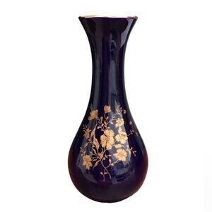 Limoges Castel France Blue Small Vase 22k Gold Trim And Gold Print